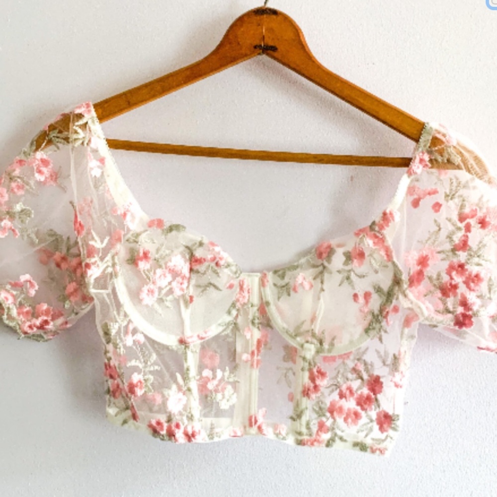 White Embroidered Floral Corset Top | Sheer Tulle